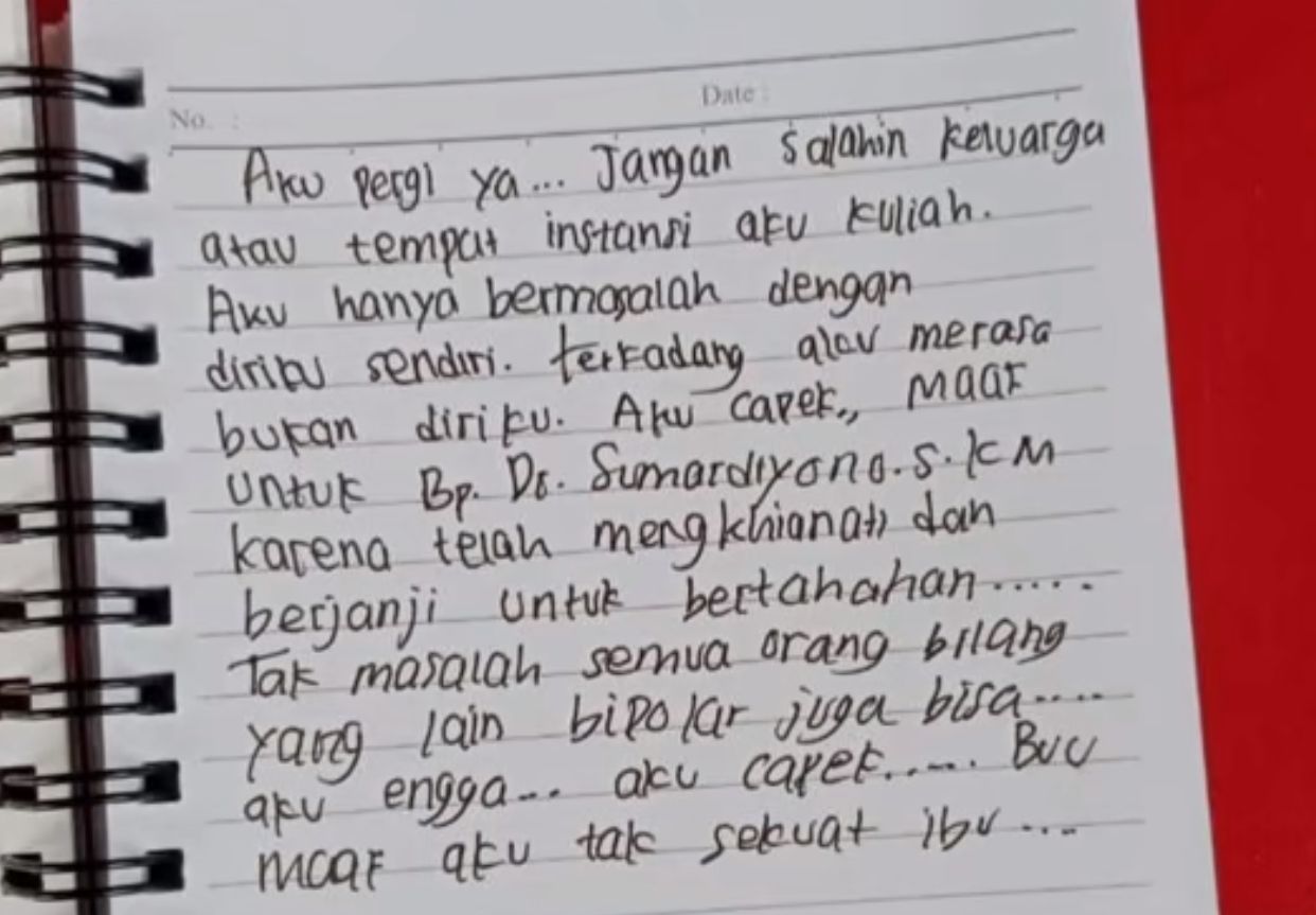 Kronologi Mahasiswi UNS Terjun ke Sungai Bengawan Solo, Tinggalkan Surat Wasiat dan Permintaan Maaf: 'Aku Capek Ma'