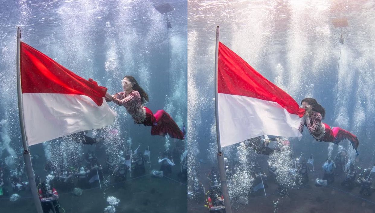 Bak Putri Duyung! Gubernur Maluku Utara Sherly Tjoanda Kibarkan Bendera di Bawah Laut Ternate