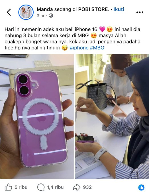 Viral Cuitan Netizen Beli iPhone 16 Hasil 3 Bulan Kerja di MBG, Ramai Sindiran Publik